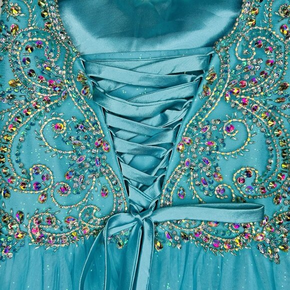 Tiffany Designs Corset Lace Up Back Beaded Ballgown Pageant Dress Sz 14 Aqua - Picture 12 of 16